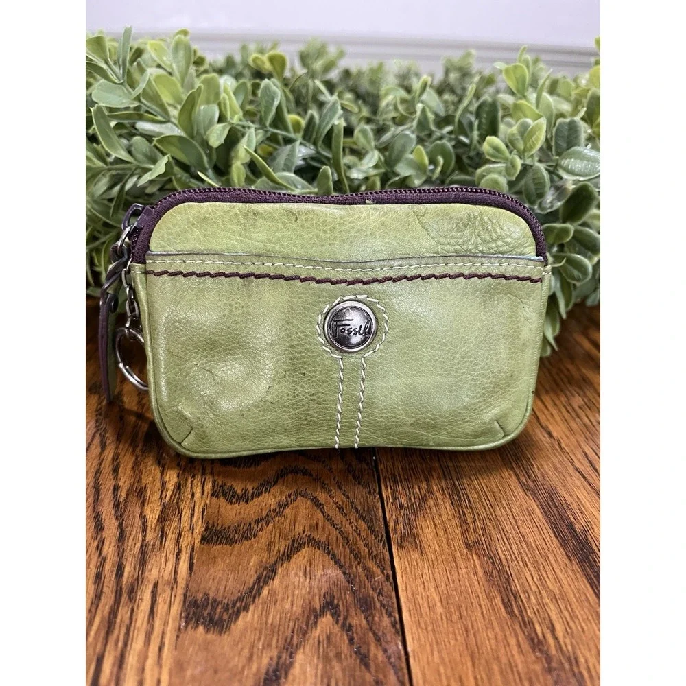 Vintage Fossil Green Leather Zip Coin ID Mini Pouch Purse Wallet